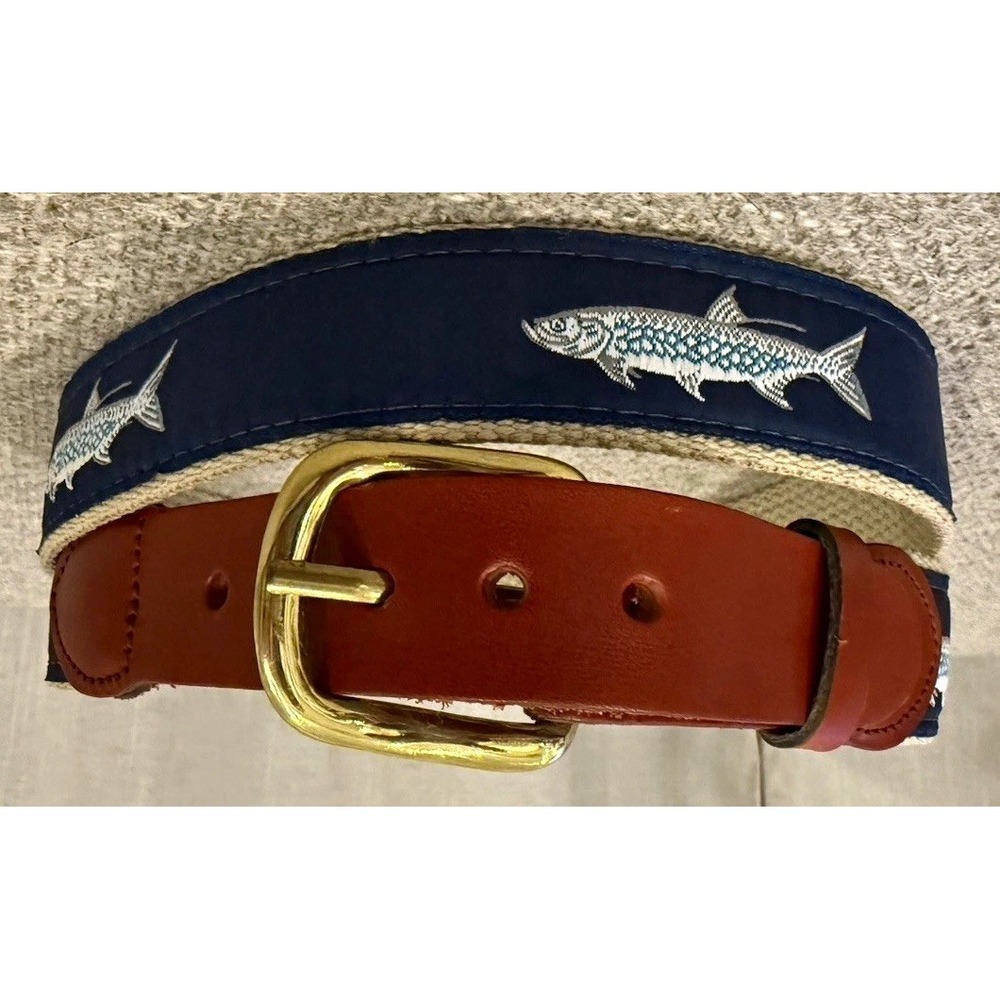 Vintage Leather Man Ltd Men's Fish Tarpon Embroidered Surcingle Belt Brass USA